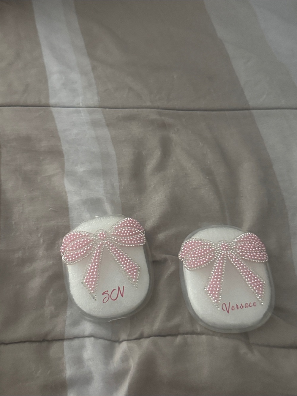 Versace White Powder Puffs with Pink Pearl Bow Embellishments